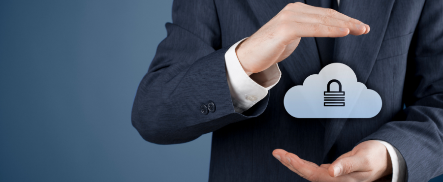 man in suit holding cloud with lock on it