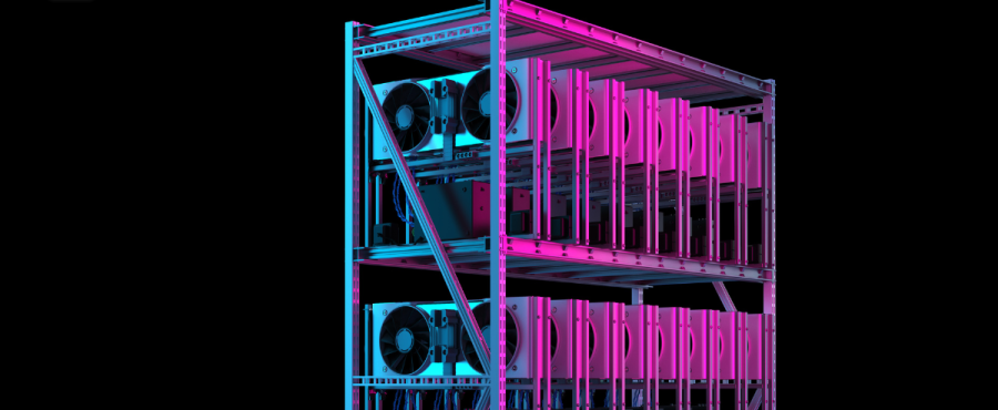A stand holding multiple GPUs and lit up with neon-colored lights.