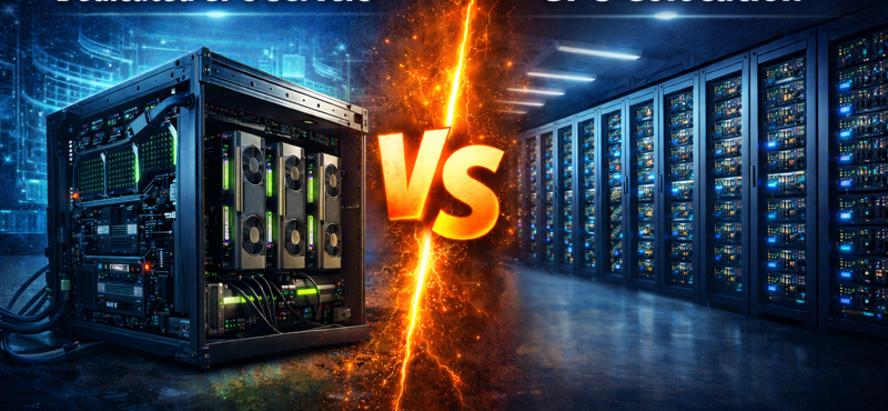Dedicated GPU servers vs GPU colocation comparison showing open GPU chassis on left, server rack rows on right, and lightning split with VS. in center and the Lightwave Networks logo in the bottom right corner.