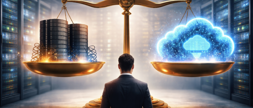 Colocation vs. cloud hosting concept with scale balancing server racks and digital cloud inside a data center and a man standing in front, looking at it. The Lightwave Networks logo is in the bottom left corner.