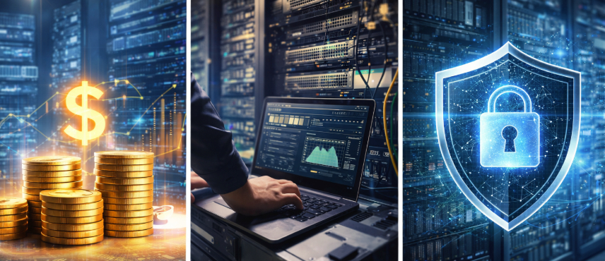 Colocation data center cost control security concept with server racks, financial icons, network management laptop, and a digital shield. The Lightwave Networks logo is in the top left corner.