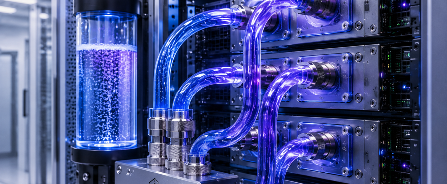 Liquid cooling system with visible coolant tubes connected to high-density data center hardware.