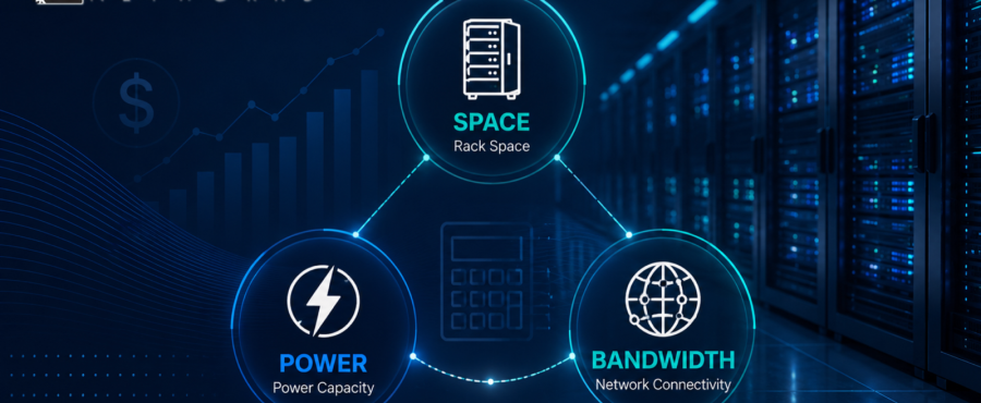 Space, power, and bandwidth icons connected over a blue data center background with the Lightwave Networks logo