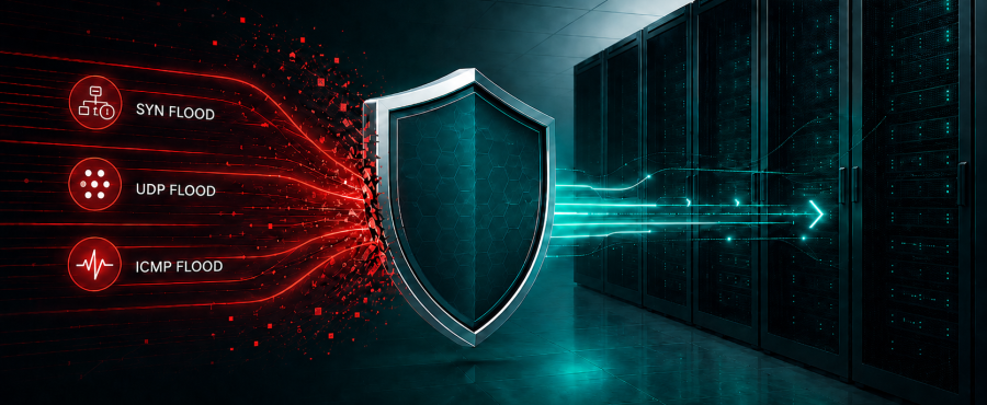 Shield blocking denial of service attack traffic (SYN, UDP, ICMP floods) from reaching server racks, LightWave Networks logo.